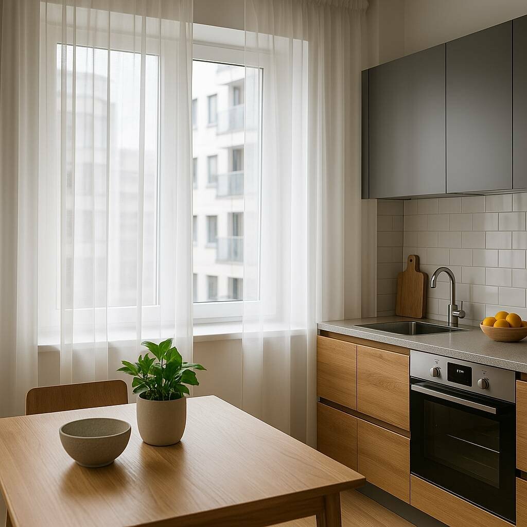 Білий тюль на вікні кухні від інтернет-магазину Welwet